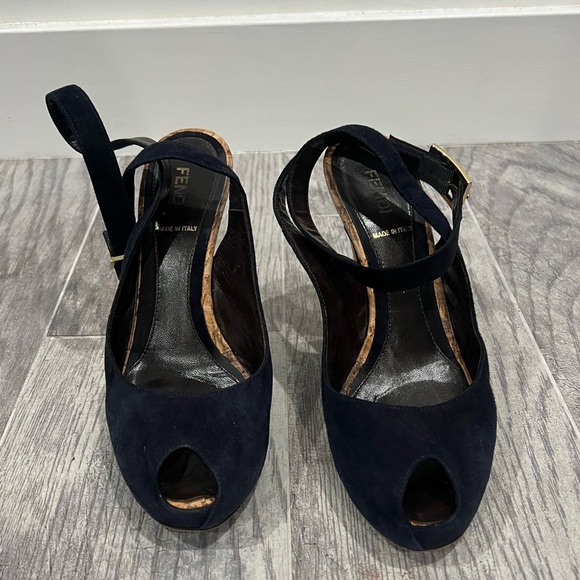 FENDI navy suede peeptoe cork heels - Picture 3 of 7
